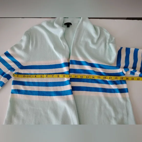 Talbots Cotton Cashmere Open Cardigan Stripe Blue Aqua Classic Size Large - Picture 13 of 15